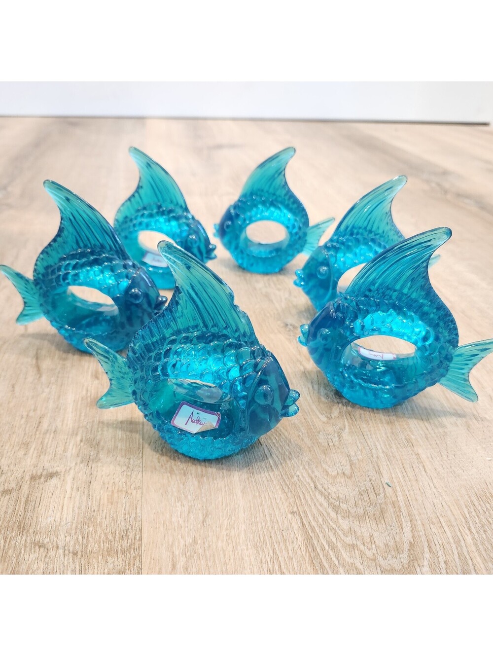 6 Vtg Audrey Lucite Angel Fish Napkin Rings Set Acrylic 70s Beach Ocean Jewel